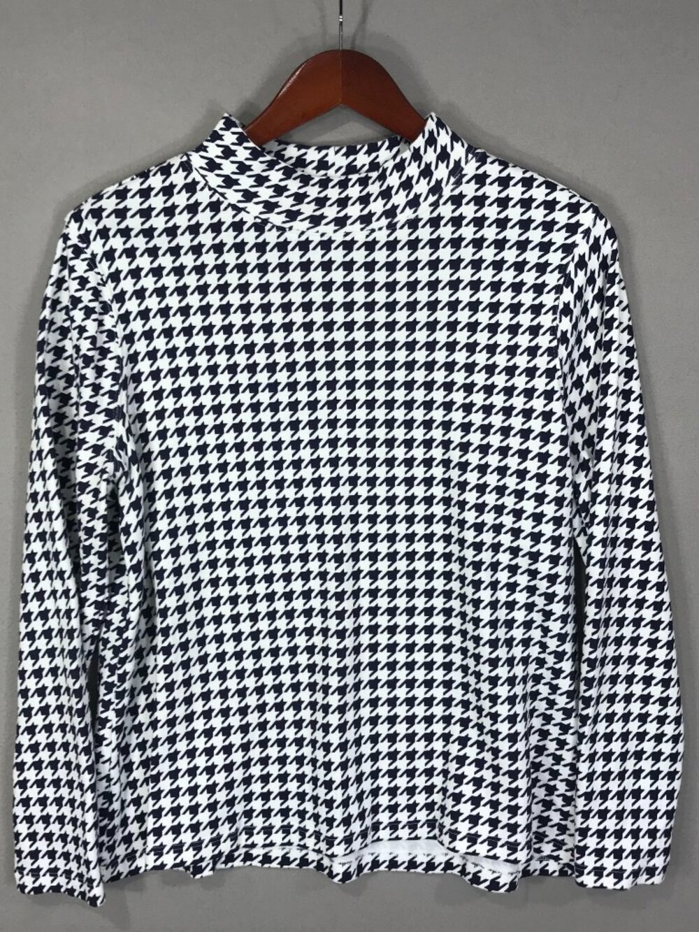 Appleseeds Top Women's Large Petite Blue White Houndstooth Pullover Mock Cotton